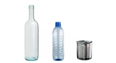 Glass Bottle, Water Bottle, and Tin Can for commingled recycling